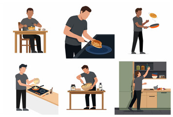 Fototapeta premium Flat vector illustration set of a man preparing, cooking, and eating delicious pancakes at home