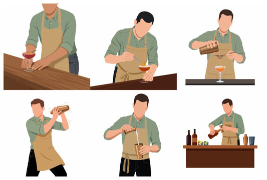 Professional Bartender Mixology Set, Man Making Cocktails, Shaking, Pouring, and Garnishing Drinks, Flat Vector Illustration