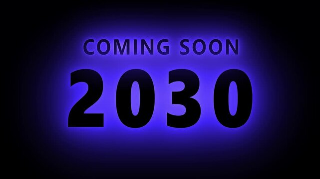 Coming soon 2030 neon glowing text animation for future event teaser and digital countdown