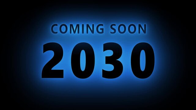 Coming soon 2030 neon glowing text animation on dark background, future countdown