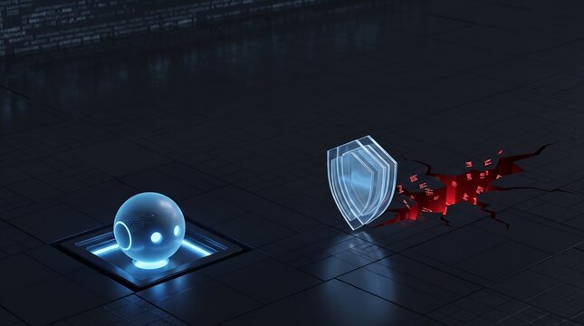 AI Robot Orb Facing Broken Security Shield Cybersecurity Background