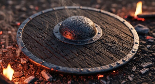 Ancient Viking Round Shield with Metal Boss Resting on Embers and Ground, Evoking Historical Battles and Firelit Campsites