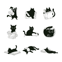 Naklejka premium PrintCute Black Cat Reading Book Clipart