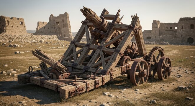 Ancient wooden siege engine, trebuchet catapult, abandoned castle ruins, historical battle reenactment scene