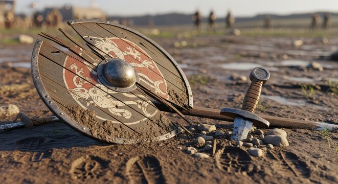 Ancient viking shield and sword lying on muddy battlefield ground, warrior's aftermath, historical reenactment concept