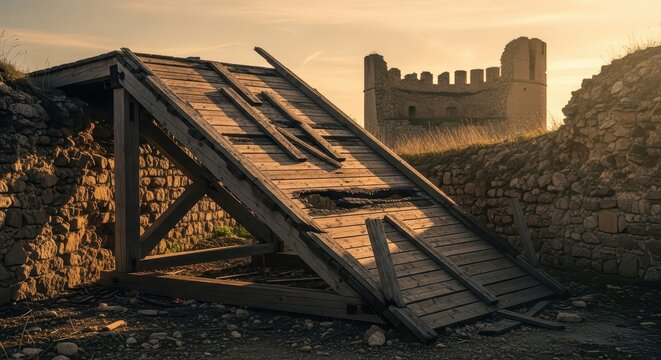 Ancient wooden siege ramp leading to a ruined castle structure under a warm sunset sky, historical landmark, atmospheric