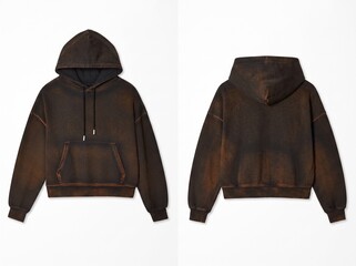 Front and Back View of a Brown Acid Wash Oversized Hoodie, Vintage Distressed Sweatshirt Mockup on White Background © holycityprinting