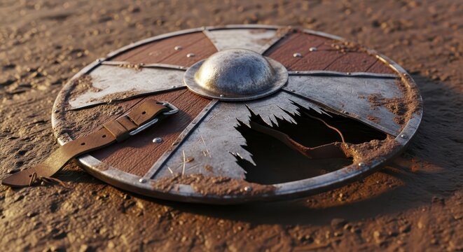 Ancient Viking shield battle-worn and damaged lying on the ground, historical artifact