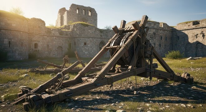 Ancient wooden siege trebuchet catapult weapon placed in front of stone castle ruins under a sunny sky