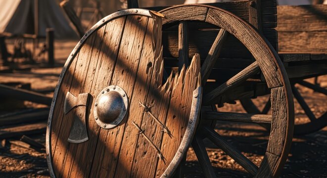 Authentic Viking battle shield with battle axe, lying beside a rustic wooden cart wheel in a historical reenactment setting