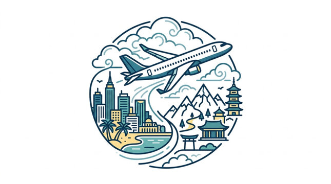 Colorful airplane flying over city and nature illustration.