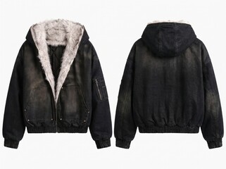 Front and Back View of a Men's Faded Black Denim Bomber Jacket with Faux Fur Hood Lining, Isolated on White Background © holycityprinting