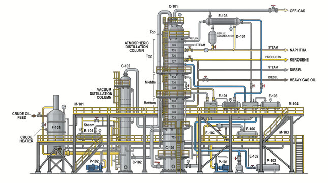 Schematic diagram illustrating the complex process of crude oil distillation and refining in an industrial facility.