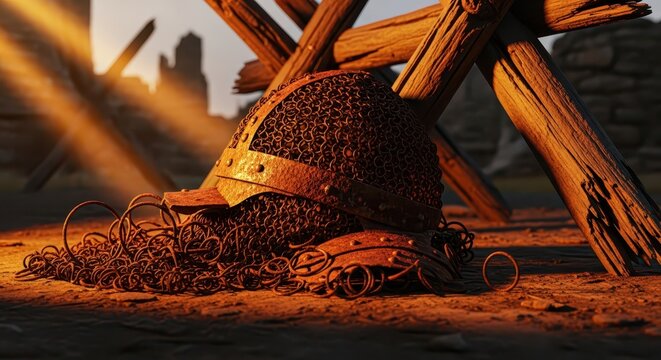 Ancient warrior's mail helmet with chainmail and barbute style armor rests on dusty ground near wooden barricade at sunset
