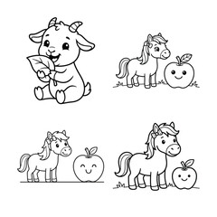 Obraz premium Line art illustrations of a goat eating leaves and unicorns with apples