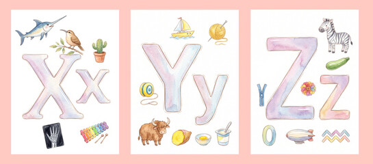 Watercolor English Alphabet Flashcards for Letters X, Y, and Z with Cute Animal and Object Illustrations © Thameera