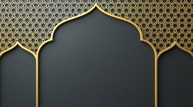 Golden arched frames stand on dark grey surface with intricate Islamic geometric patterns. Luxury oriental design elements form ornate border background. Religious spiritual wallpaper template fits