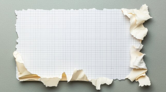 Torn piece of squared graph paper with irregular burnt edges on a gray surface.