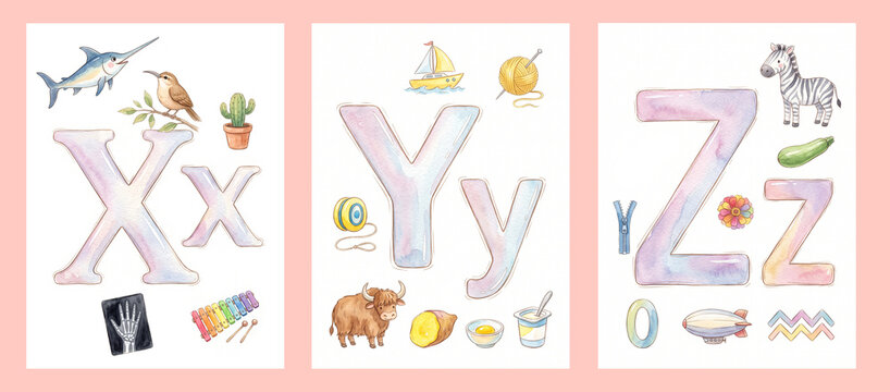 Watercolor English Alphabet Flashcards for Letters X, Y, and Z with Cute Animal and Object Illustrations