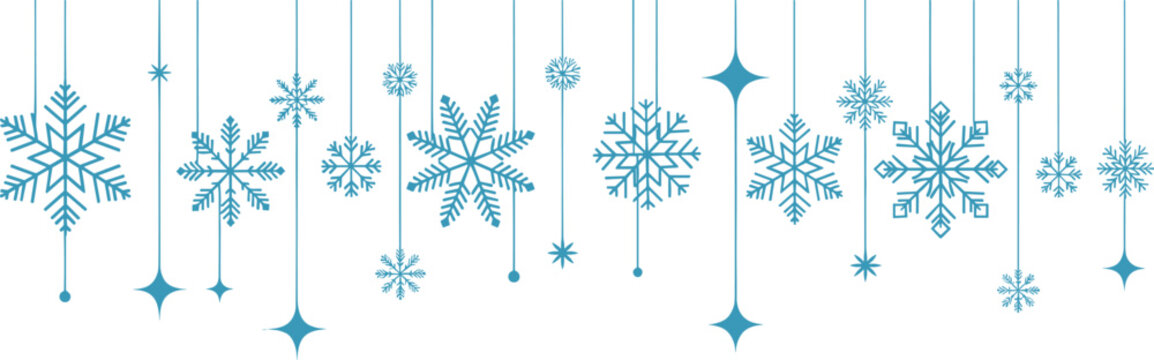  Decorative winter snowflake border vector illustration with elegant blue hanging design, festive seasonal artwork for holiday cards and winter themes