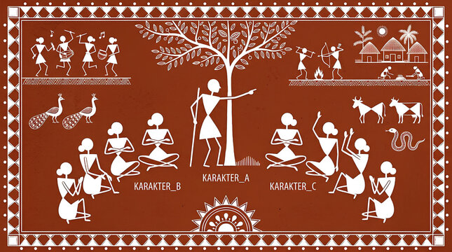 Traditional Indian Warli folk art painting on brown background.