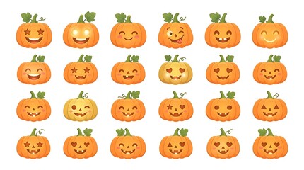 Fototapeta premium Set of cute cartoon Halloween pumpkins with various carved facial expressions, smiling, happy, and glowing jack-o-lantern icons isolated on white background