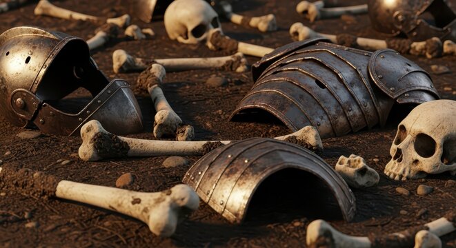 Battlefield aftermath: Scattered human skulls, ancient armor, and bones lie on dusty ground, a grim reminder of a past conflict