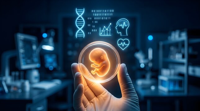 Scientist holding petri dish with glowing human embryo and advanced medical data hologram overlay with medical graphics floating