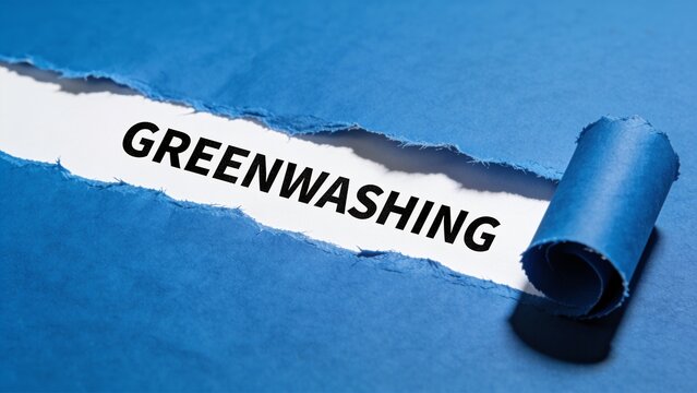 Torn paper roll revealing word greenwashing against blue background for ethical branding critique
