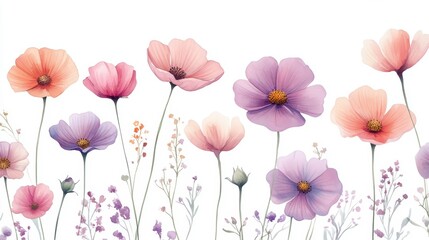 Fototapeta premium Beautiful Cosmos flowers seamless floral water color pattern Set,watercolor wild flowers,leaves and grass,Collection botanic garden elements,isolated illustration in rustic,vintage style,copy space.