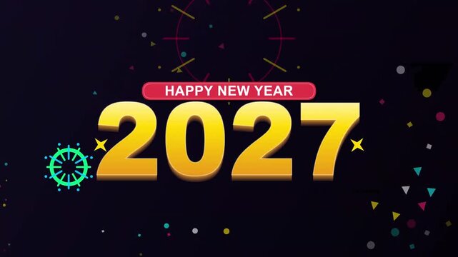 Golden Numbers 2027 Appearing with Fireworks and Confetti on Dark Background Happy New Year Celebration Animation