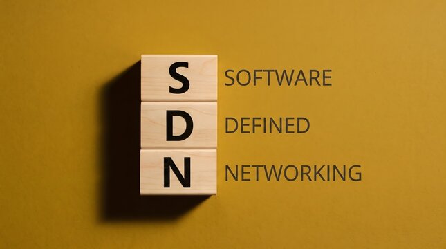 Software defined networking concept stacked wooden blocks against solid mustard yellow background with descriptive technology terminology
