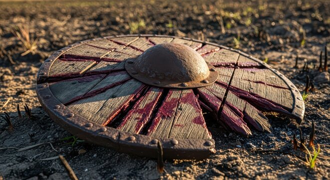 Ancient Viking Shield Lying on Rough Ground, Blood Stains Hinting at Battle and Hardship