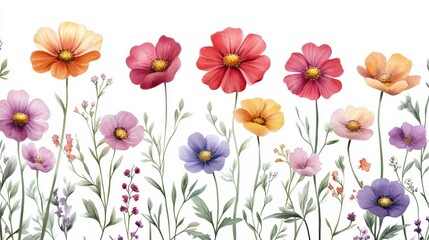 Obraz premium Beautiful Cosmos flowers seamless floral water color pattern Set,watercolor wild flowers,leaves and grass,Collection botanic garden elements,isolated illustration in rustic,vintage style,copy space.