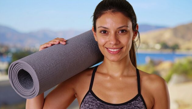 Athletic woman holding exercise mat over shoulder