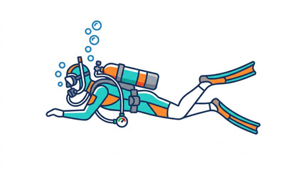 Colorful cartoon scuba diver exploring underwater world. © pebri
