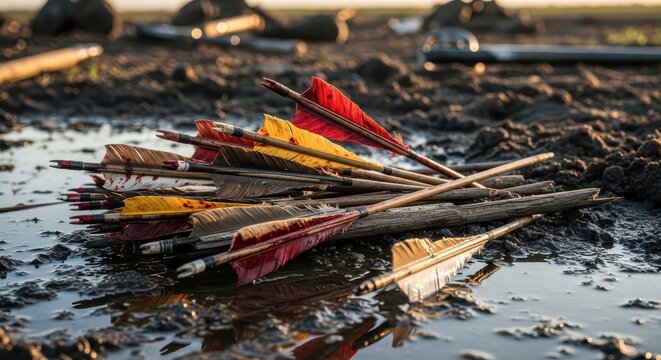 Archery arrows with colorful fletching lying in wet mud outdoors, traditional hunting or sport equipment detail