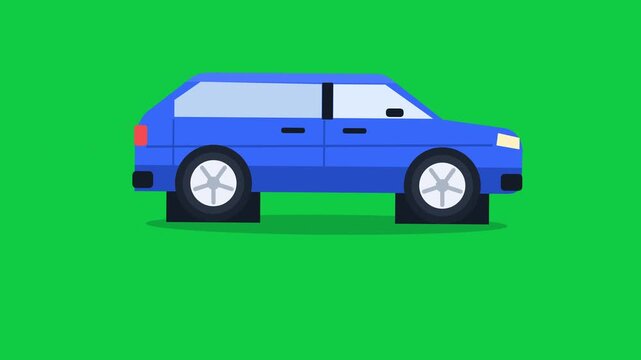 Blue Cartoon Car Moving Against Bright Green Screen Background Animation