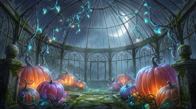 Ethereal moonlight greenhouse filled with glowing giant pumpkins in a magical night garden setting with illuminated bioluminescent vines glowing pumpkins under crescent moon