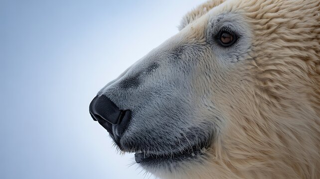 Extreme macro close-up of a polar bear's wet nose and whiskers in the arctic snow. 