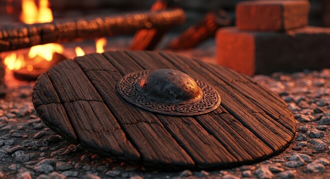 Ancient wooden viking shield with metal boss resting on rocky ground near a campfire