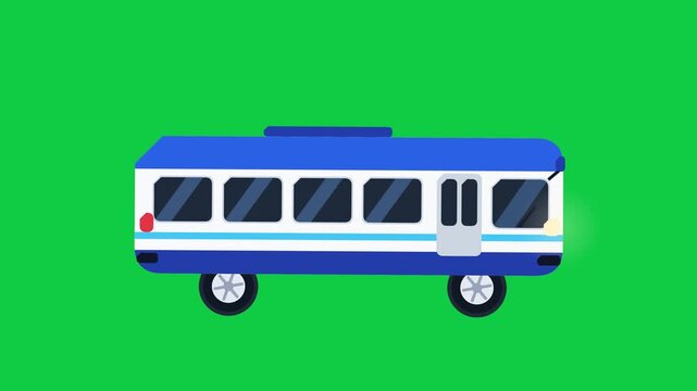 Blue White Bus Moving Across Bright Green Background Simple Animation