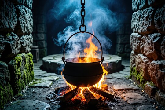 Iron pot hangs over bright orange fire inside dark stone room. Thick smoke rises from hot cauldron during cooking process. Antique fireplace flame warms old cellar atmosphere. Rustic metal vessel