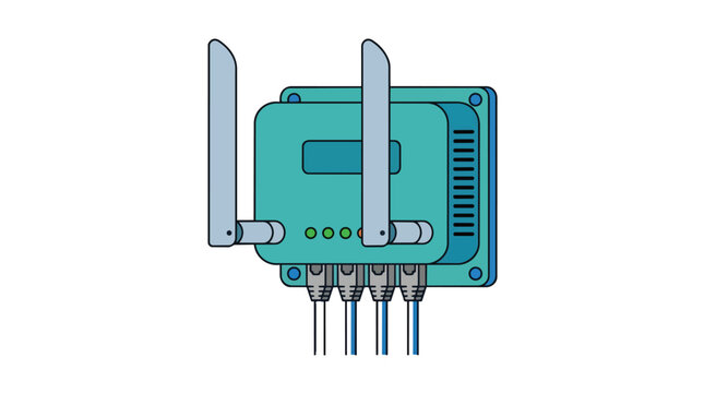 Dual antenna network router and ethernet cable connectivity in flat vector illustration for broadband internet service marketing