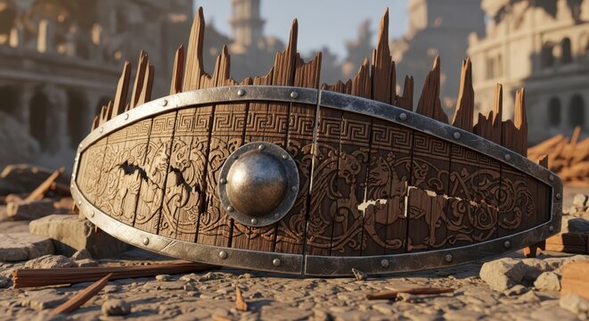 Ancient Wooden Viking Shield with Metal Trim and Intricate Carvings on a Ruined Battlefield