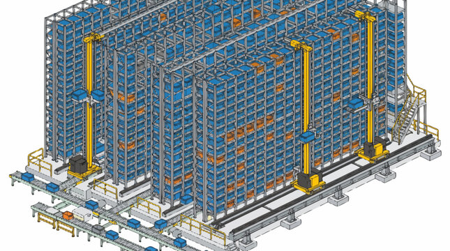 Automated Storage and Retrieval System (AS/RS) with high-density racking and robotic cranes for efficient warehouse operations.