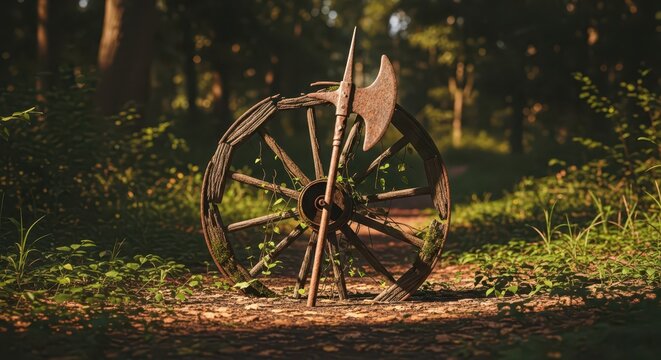 Ancient Wooden Wagon Wheel and Rusty Axe Left in a Sun-Dappled Forest Clearing
