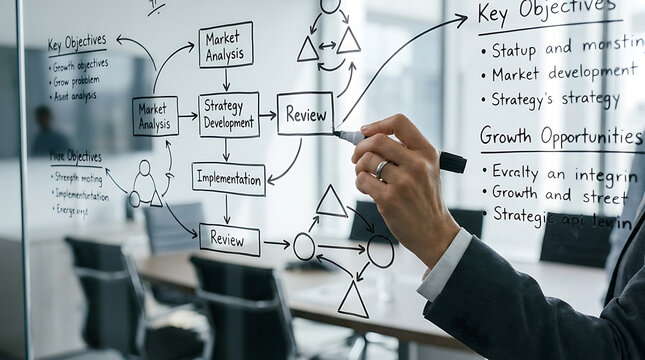 Business professional drawing a strategic workflow diagram on a glass wall in an office.
