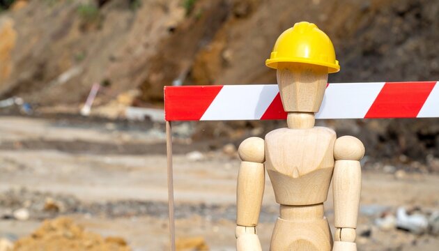 Wooden Artist Mannequin Wearing Yellow Hard Hat Standing Behind Red and White Barrier Tape at Construction Site