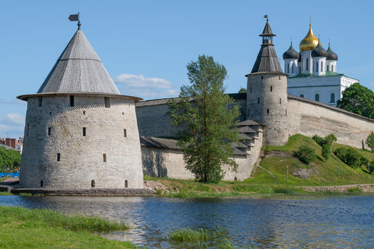 At the ancient Pskov kremlin on a sunny June day. Pskov, Russia